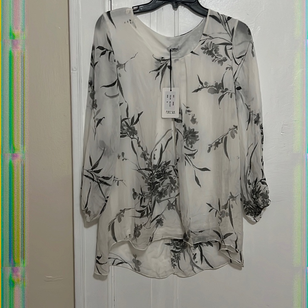 Silk blouse with flowers floral detail white and gray new with tags